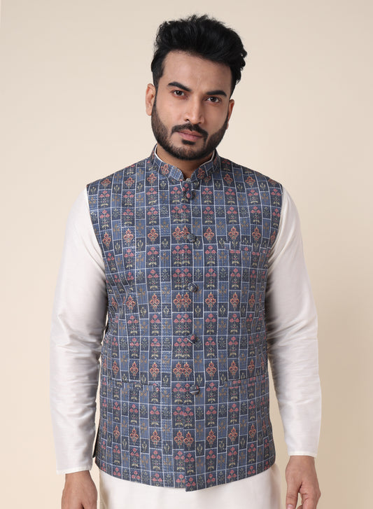 Men’s Checkered Floral Pattern Silk Blend Nehru Jacket