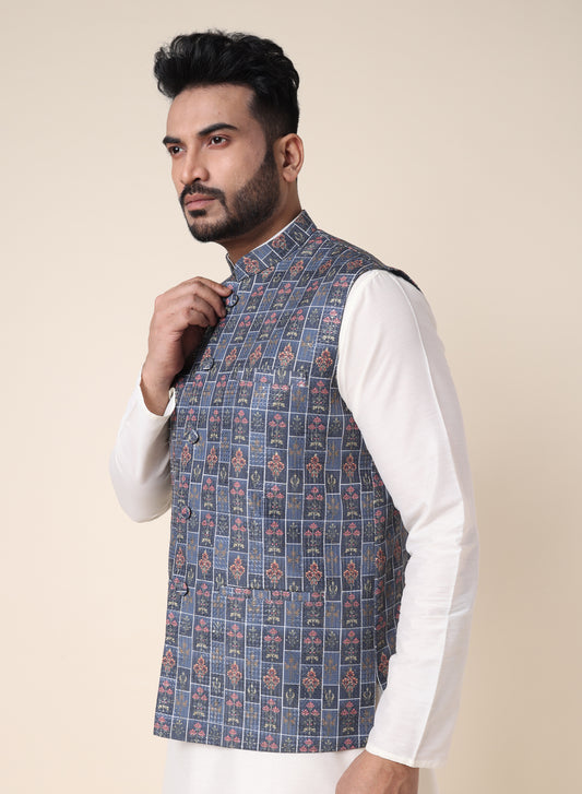 Men’s Checkered Floral Pattern Silk Blend Nehru Jacket