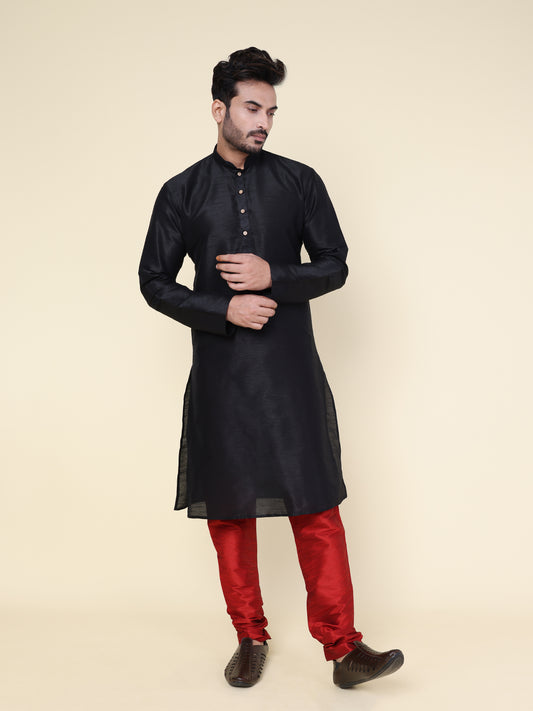 Men's Black Silk Blend Kurta with Maroon Pajama