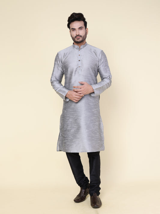 Men's Grey Silk Blend Kurta with Black Pajama