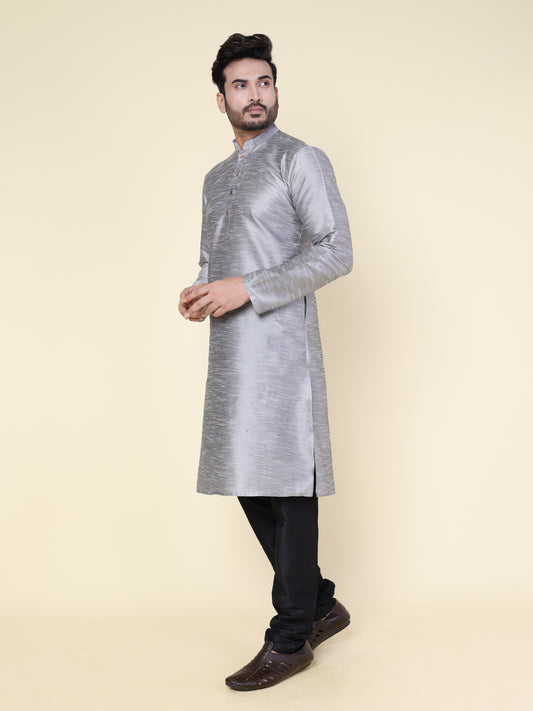 Men's Grey Silk Blend Kurta with Black Pajama