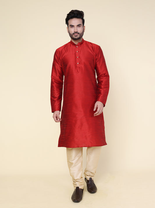 Men's Maroon Silk Blend Kurta with Gold Pajama