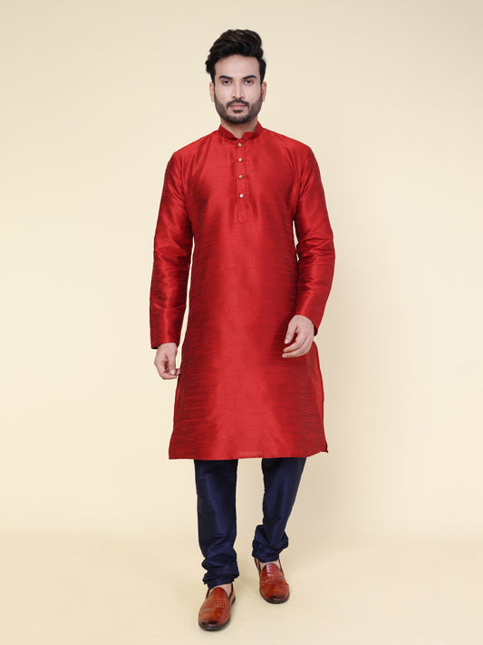 Men's Maroon Silk Blend Kurta with Navy Blue Pajama