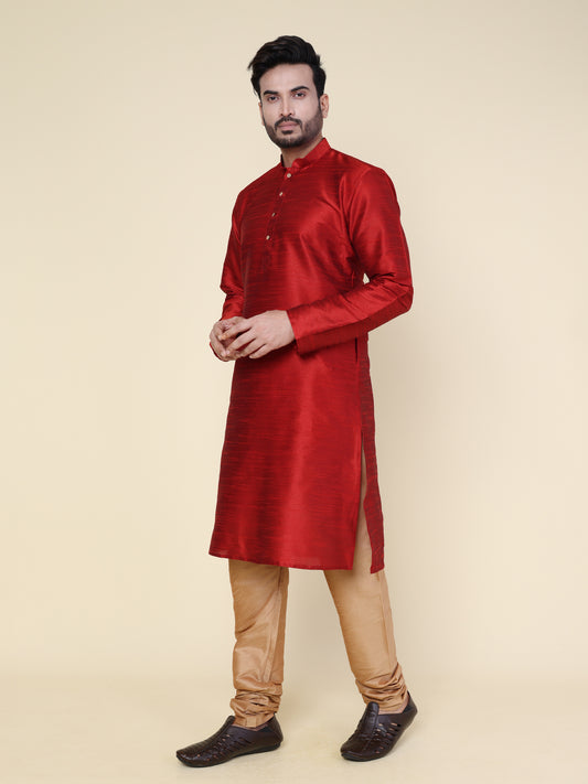 Men's Maroon Silk Blend Kurta with Rose Gold Pajama