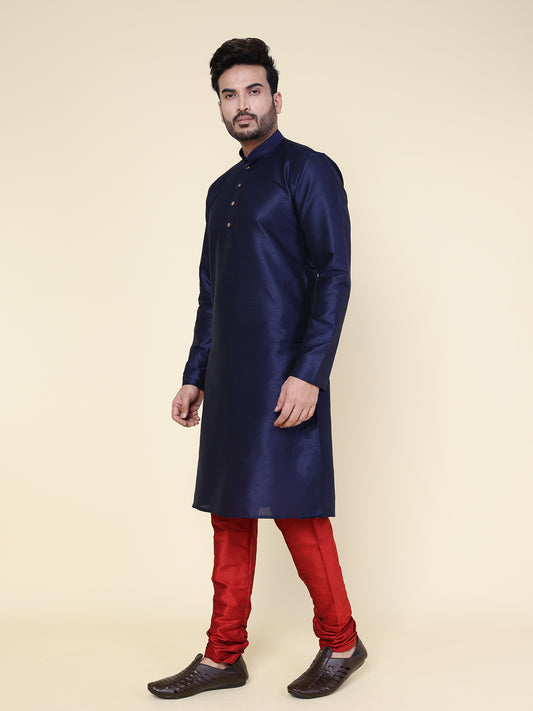 Men's Navy Blue Silk Blend Kurta with Maroon Pajama