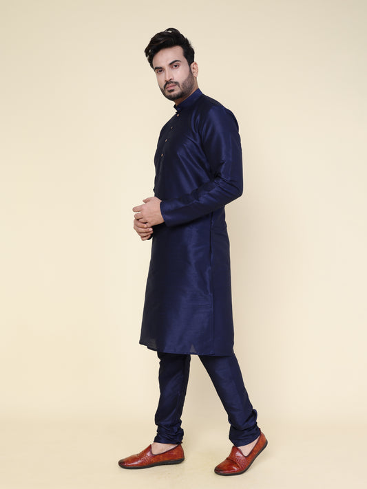 Men's Navy Blue Silk Blend Kurta with Pajama