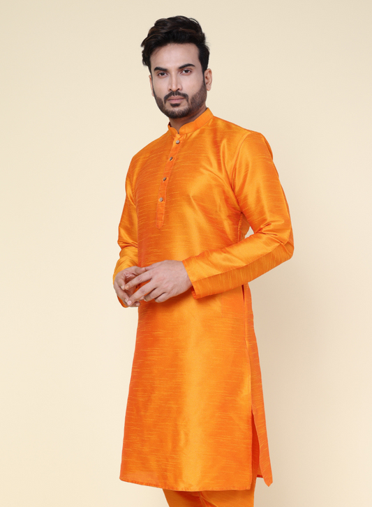 Men's Orange Silk Blend Kurta