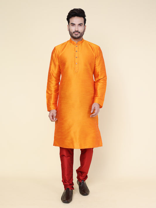 Men's Orange Silk Blend Kurta with Maroon Pajama