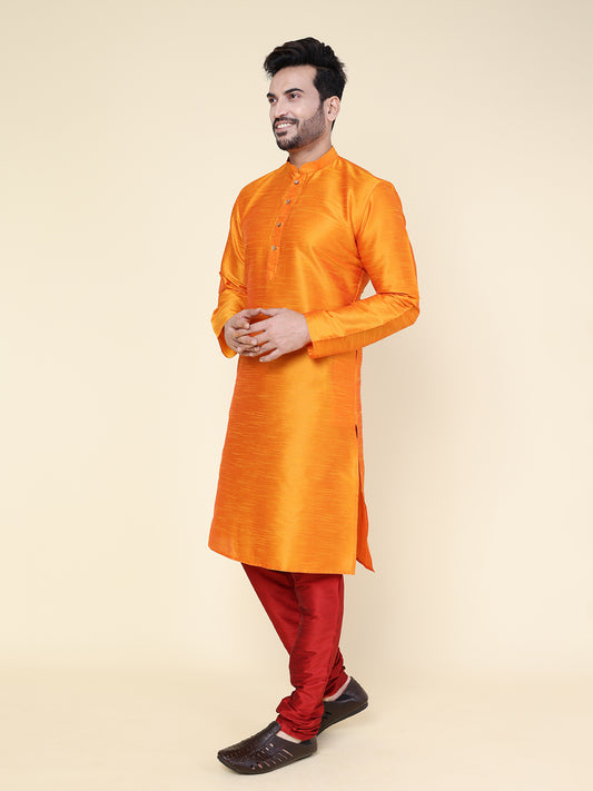 Men's Orange Silk Blend Kurta with Maroon Pajama