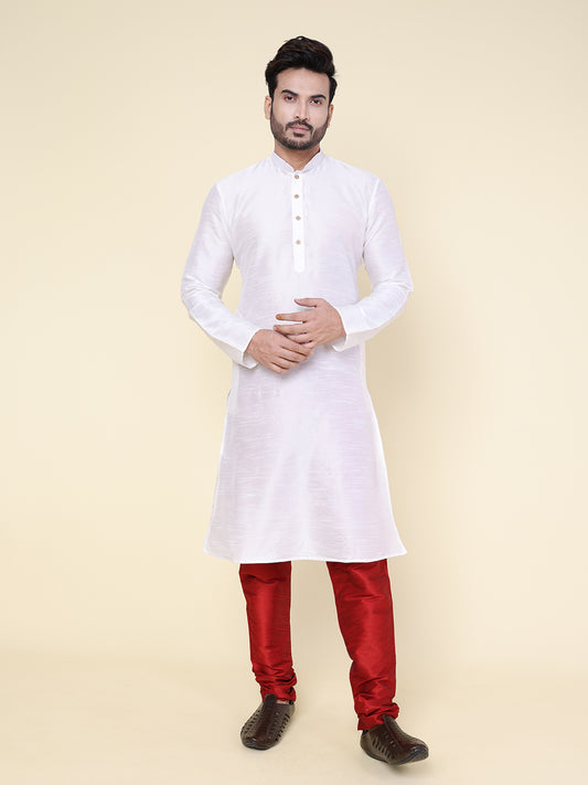 Men's White Silk Blend Kurta with Maroon Pajama