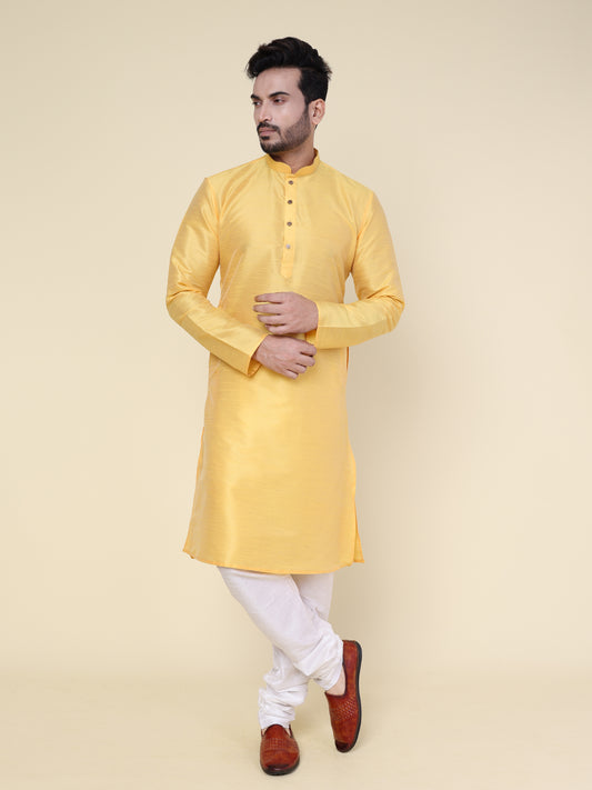Men's Yellow Silk Blend Kurta with White Pajama
