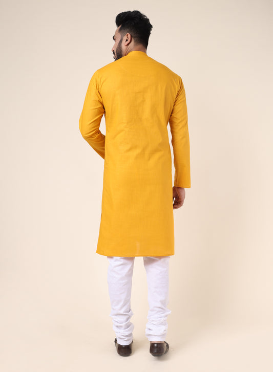 Men's Solid Cotton Mustard Kurta