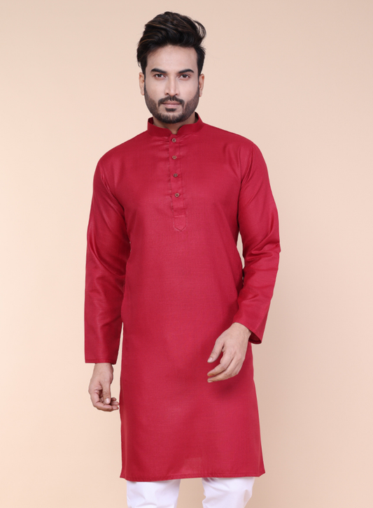 Men's Solid Cotton Maroon Kurta