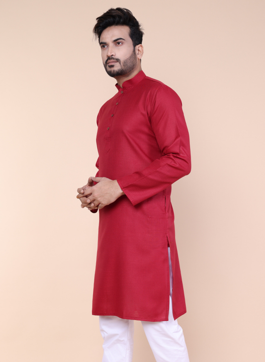 Men's Solid Cotton Maroon Kurta