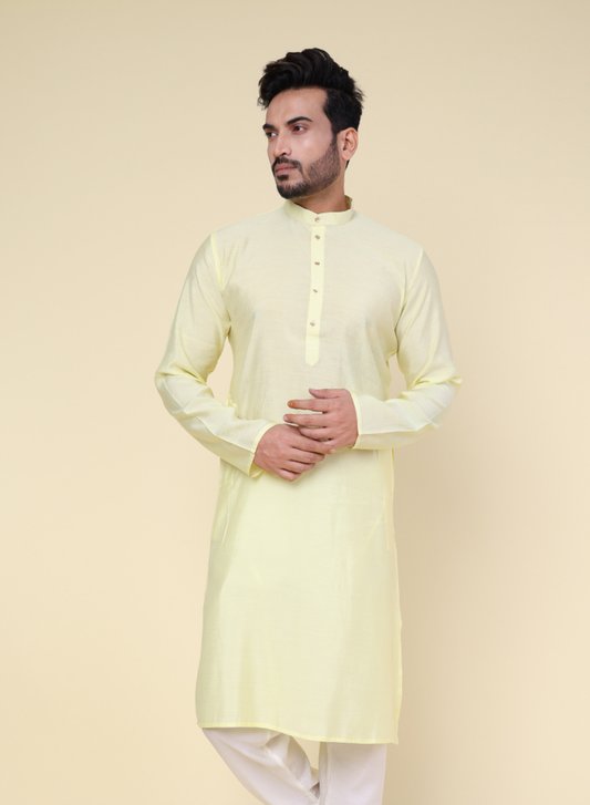 Men's Solid Silk Yellow Kurta with Pajama