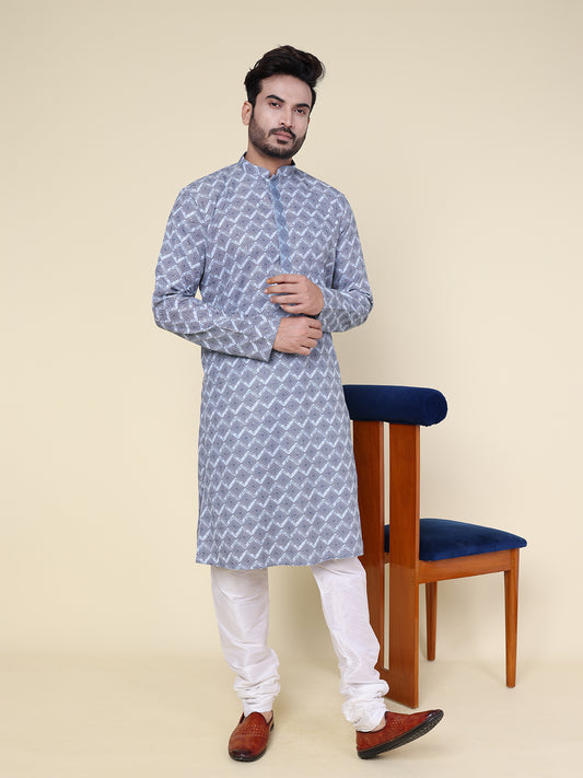 Royal Blue Geometric Silk Kurta with Pajama