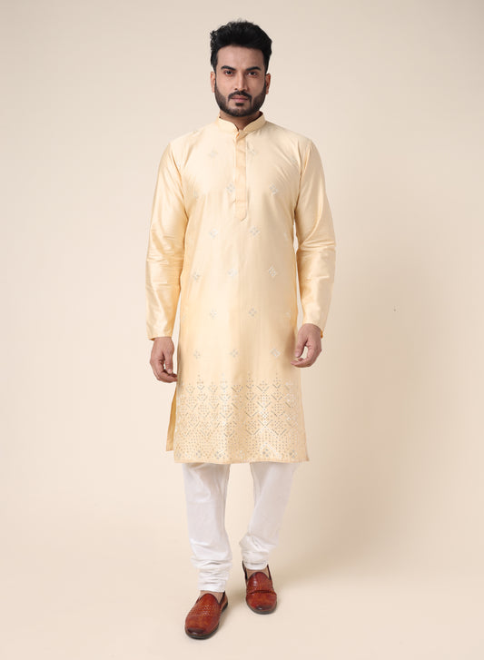 Men’s Gold Embroidered Silk Kurta with Pajama