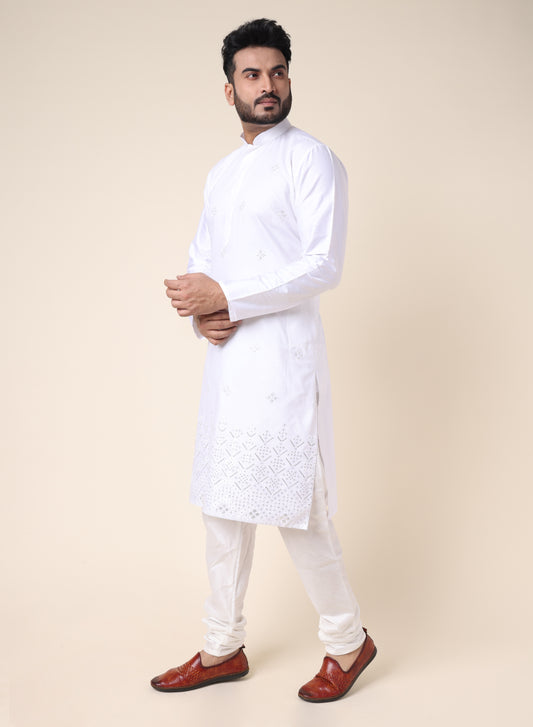 Men’s White Embroidered Silk Kurta with Pajama
