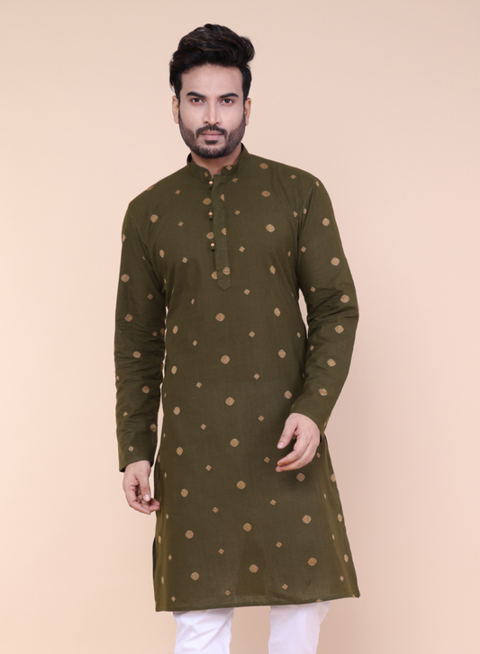 Men's Green Printed Cotton Kurta