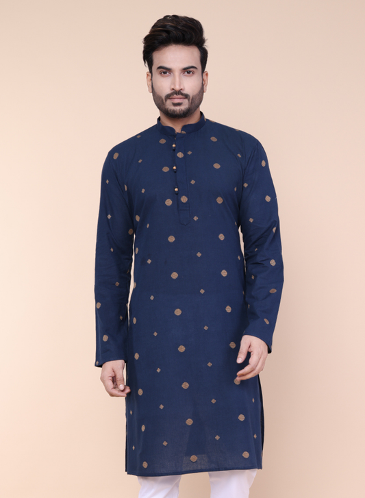 Men’s Navy Blue Printed Cotton Kurta