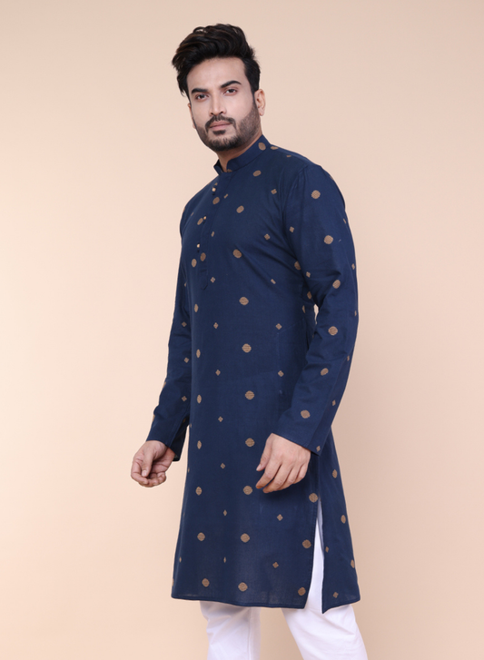 Men’s Navy Blue Printed Cotton Kurta