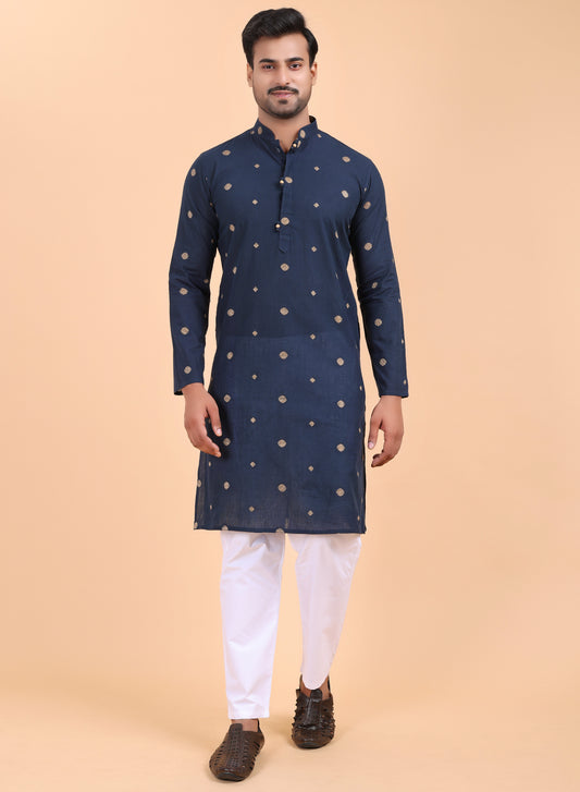 Men’s Navy Blue Printed Cotton Kurta with Pajama