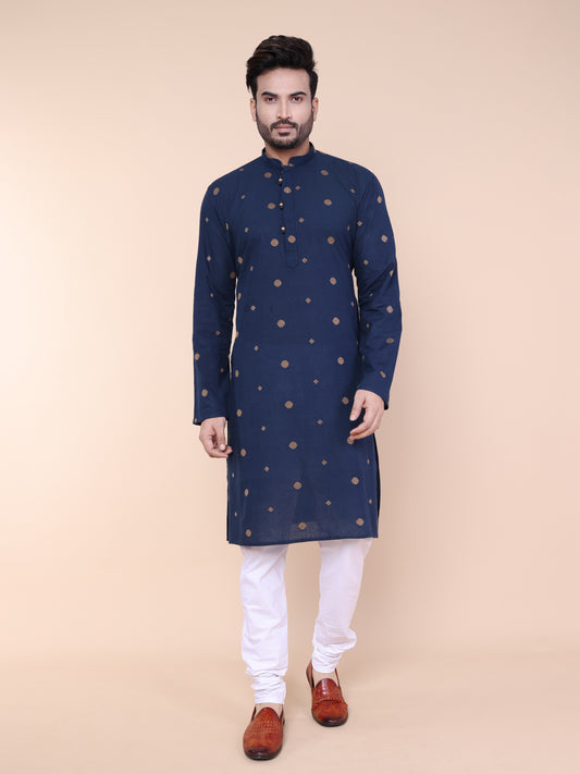 Men's Navy Blue Printed Cotton Kurta with Pajama