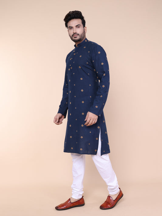Men's Navy Blue Printed Cotton Kurta with Pajama