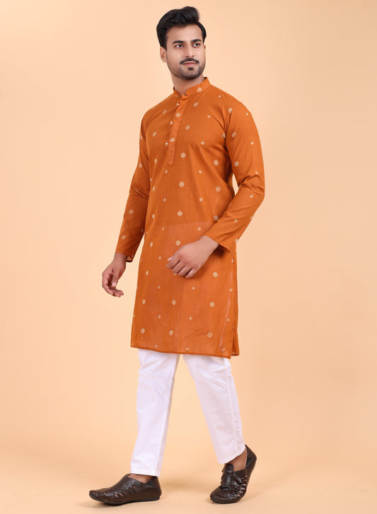 Men’s Rust Printed Cotton Kurta