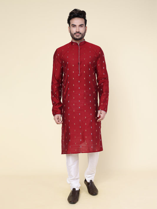 Men's Maroon Printed Silk Kurta with Pajama