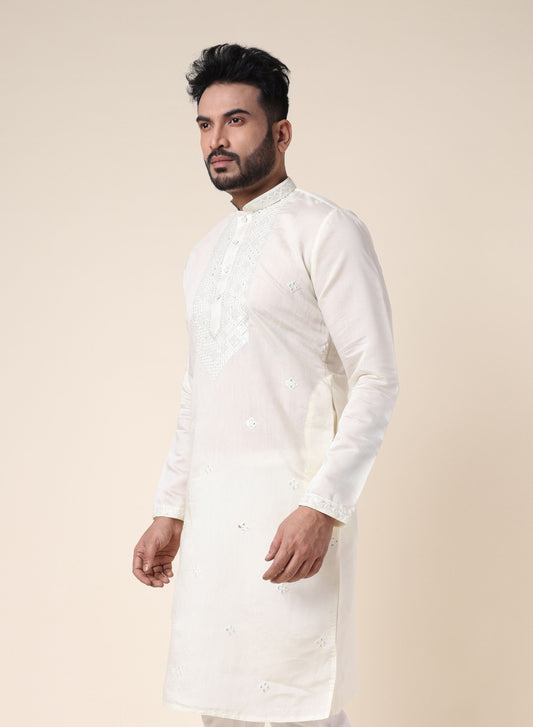 Men’s Cream Mirror Work Silk Kurta