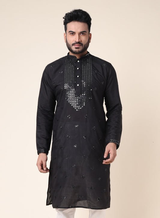 Men’s Black Mirror Work Silk Kurta