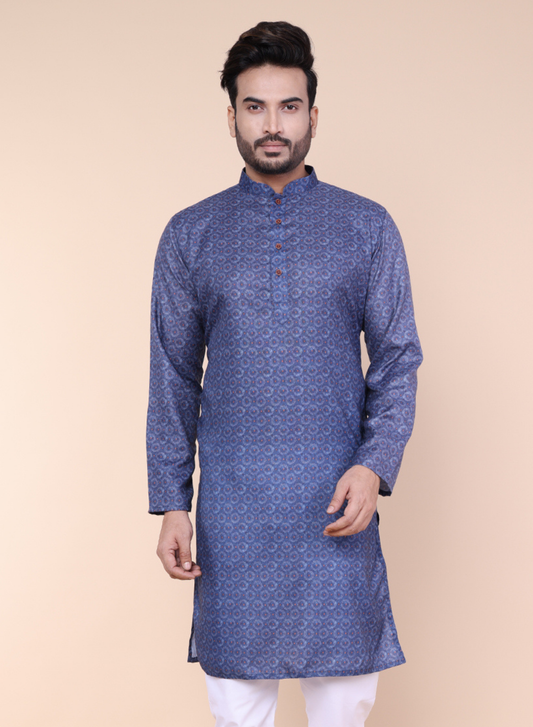 Men’s Blue Printed Cotton Kurta