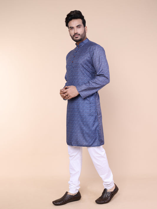 Men’s Blue Printed Cotton Kurta with Pajama