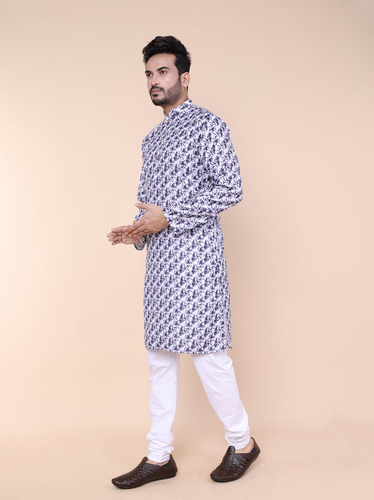 Men’s White & Navy Abstract Print Cotton Kurta with Pajama