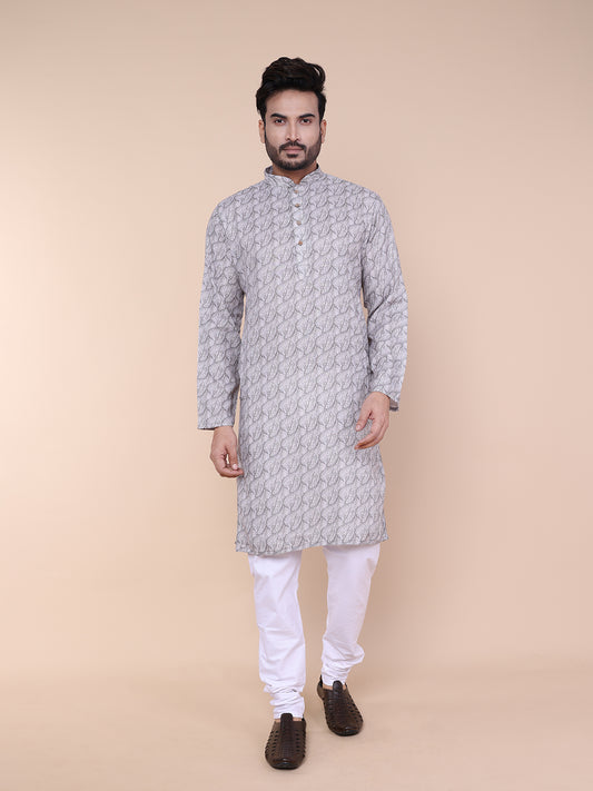 Men’s Elegant White Leaf Pattern Cotton Kurta with Pajama