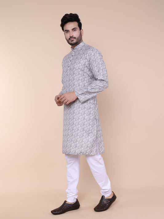Men’s Elegant White Leaf Pattern Cotton Kurta with Pajama
