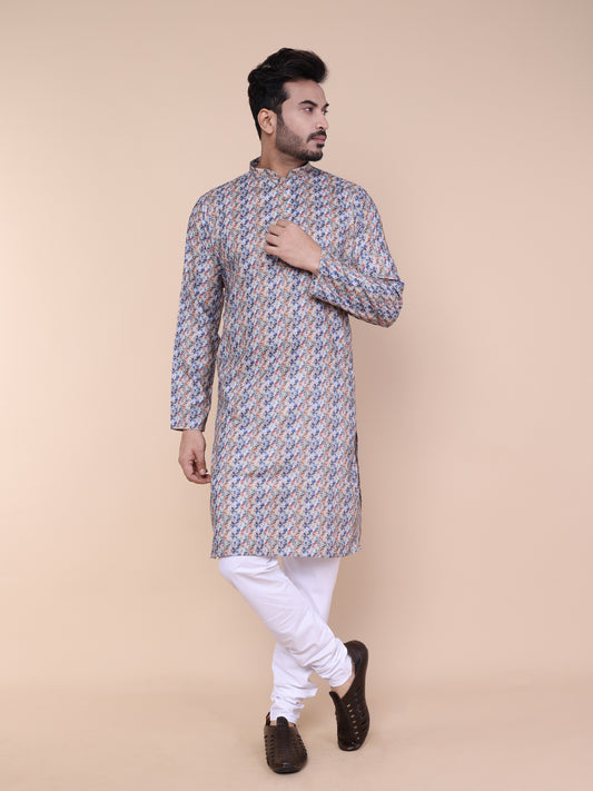 Men’s Multicolor Ikat Print Cotton Kurta with Pajama