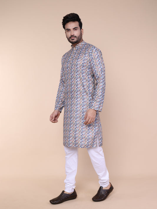 Men’s Multicolor Ikat Print Cotton Kurta with Pajama