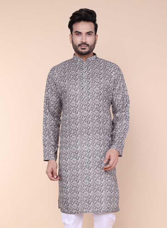 Men’s Brown Geometric Printed Cotton Kurta