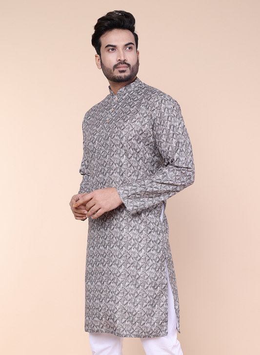 Men’s Brown Geometric Printed Cotton Kurta