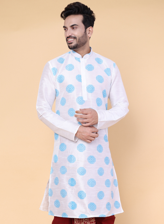 Men’s White Silk Blend Kurta with Blue Floral Motif