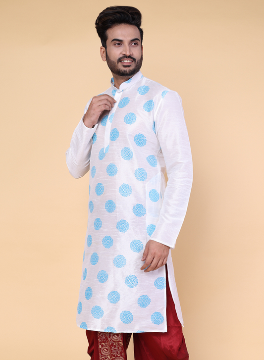 Men’s White Silk Blend Kurta with Blue Floral Motif