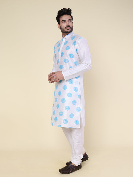 Men’s White Silk Kurta with Blue Motif & Pajama