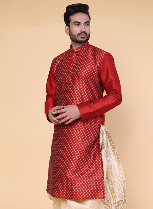 Men’s Maroon Silk Blend Kurta with Gold Motif Design