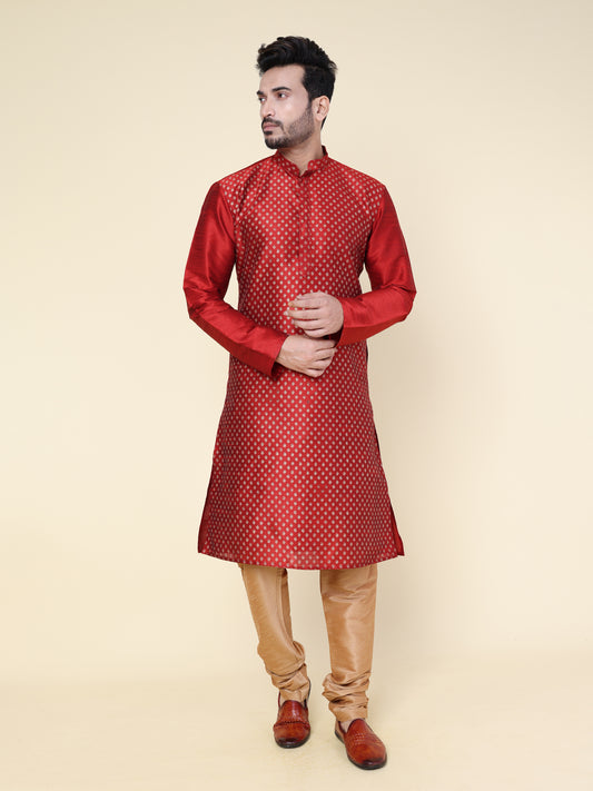 Men’s Maroon Brocade Silk Kurta with Rose Gold Pajama