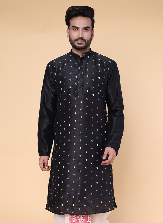Men’s Black Silk Blend Kurta with Subtle Dot Motif