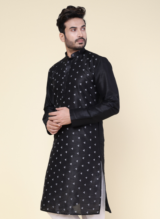 Men’s Black Silk Blend Kurta with Subtle Dot Motif