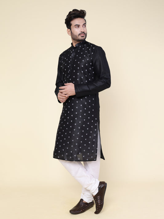 Men’s Black Printed Silk Kurta with Pajama