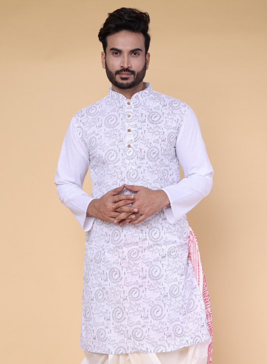 Men’s White Printed Cotton Kurta
